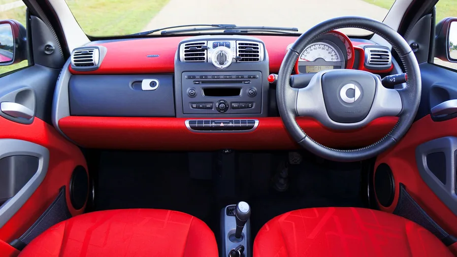 Interior of a right-hand-drive car with the steering wheel on the right