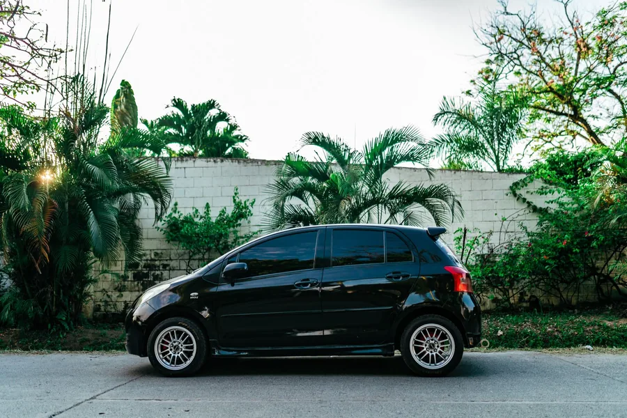 A Toyota hybrid hatchback parked beside palm trees