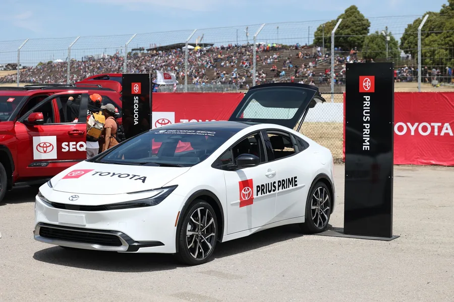 A Toyota Prius Prime hybrid car on display