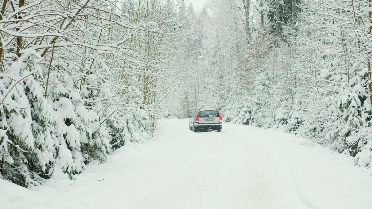 A car driving away along a snow-covered forest road between snow-laden trees