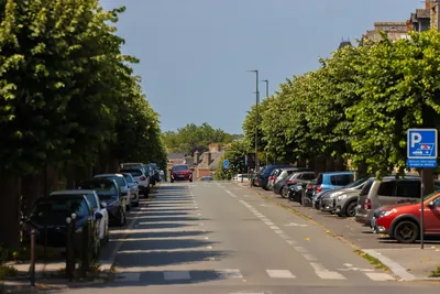 Tree-lined French street with cars parked along the kerb on a sunny day