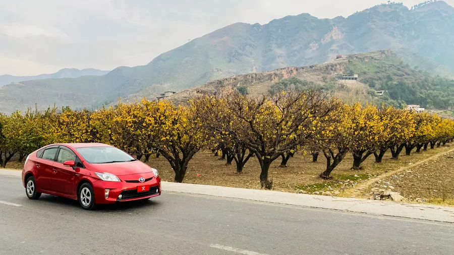 A red hybrid car parked on a road in daylight