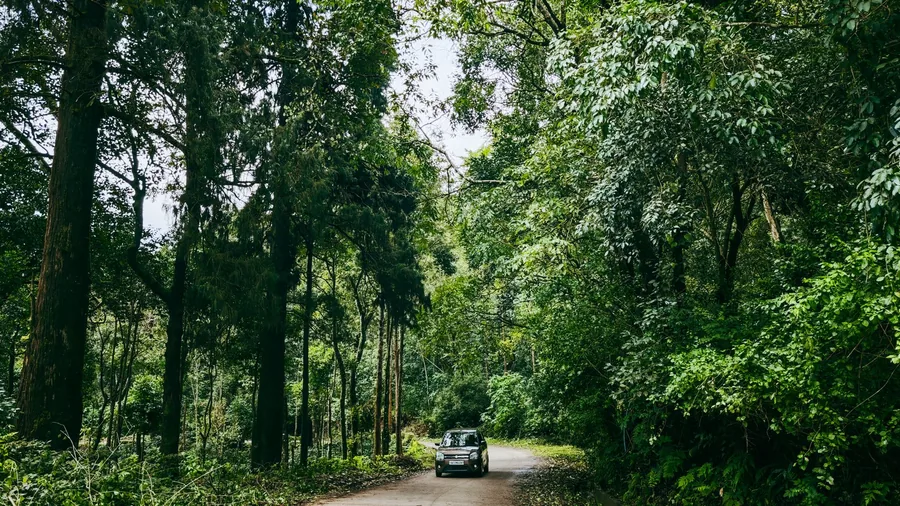 A car driving on a rural road through green countryside